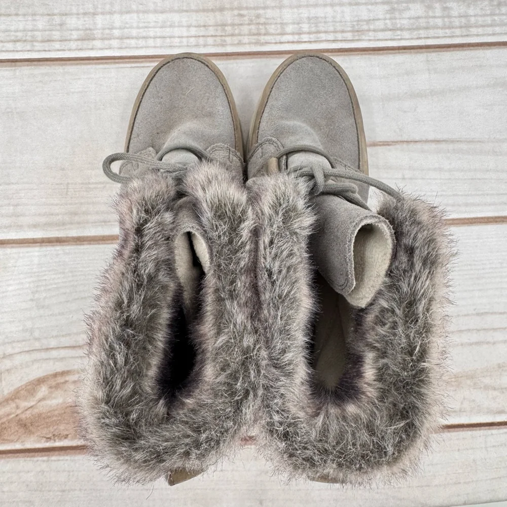 Sorel Explorer Joan Boots Gray Taupe Suede Faux Fur Lace Up Warm Winter Size 10